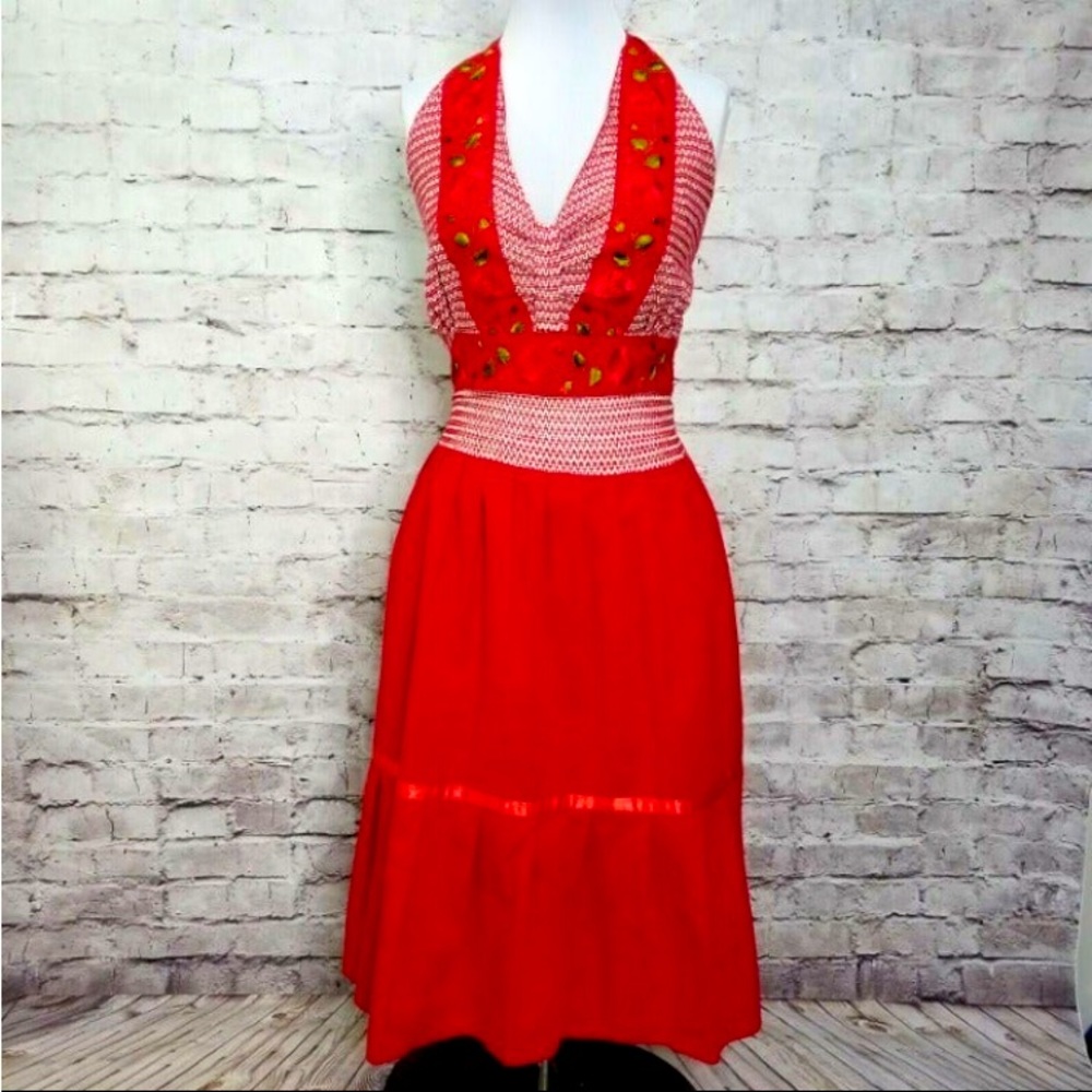 Vintage 60s Red Halter Dress Floral